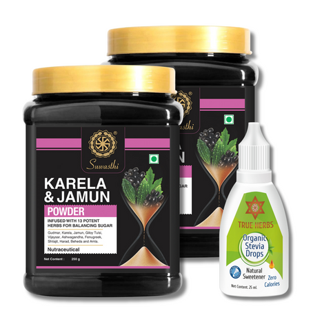 Suwasthi Karela Jamun Powder Pack of 2 with Stevia Drops & Suwasthi Shilashva Capsule