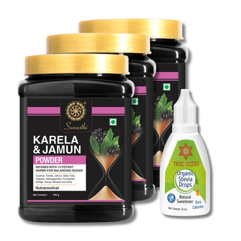 Suwasthi Karela Jamun Powder-Pack of 3 & 1 True Herbs Organic Stevia Drops