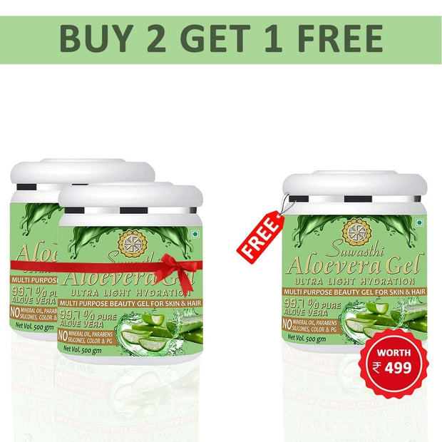Buy 2 Get 1 Free SUWASTHI PURE ALOEVERA Multipurpose Gel Enriched With 99.7% Aloevera , Tea Tree Oil & Neem extracts for Face, Skin & Hair-500 Gram